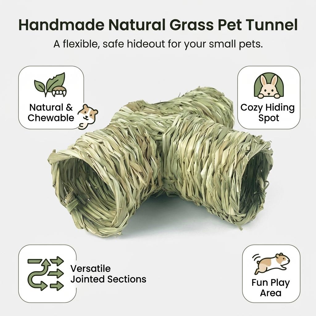 Hand-made Natural Grass Pet Tunnel Toy for Hamsters Chinchillas Hedgehogs Rabbits Foldable Hideout