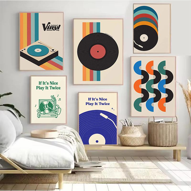 Retro Record Poster Print Mid Century Music Minimal Pastel Canvas Poster Colorful Wall Art Minimalist Room Home Decor