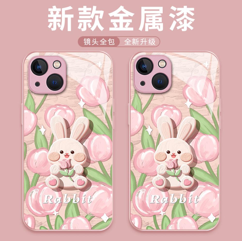 Милый Чехол-Кролик с Тюльпанами для Мобильного Телефона iPhone17 Стеклянный Полностью Закрывающий Линзу Apple 16promax Защитный Чехол 12