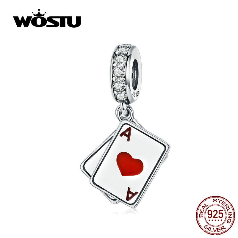 WOSTU Poker Red Heart A Dangle Charm 925 Sterling Silver Dazzling Zircon Beads Fit Original DIY Bracelet Jewelry Making CQC1172
