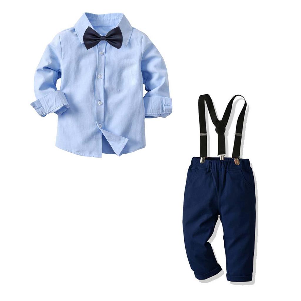 Boy's 4-Piece Formal Set: Tie, Shirt, Suspenders, Long Pants, Cotton Gentleman Outfit