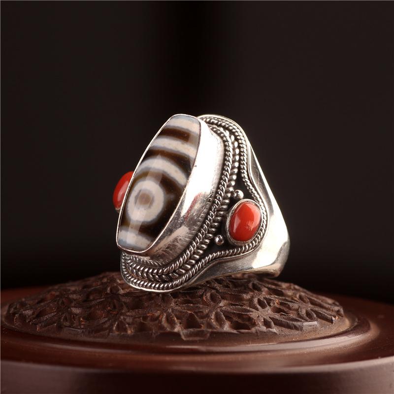 1.18" Коллекционируйте Китай Изысканное Чистое Серебро Инкрустация Бусины из Красного Коралла Тяньчжу Дзи Кольцо