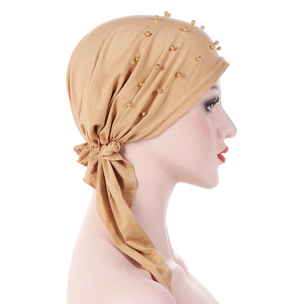 Женский модный тюрбан хиджаб Индия Отделка бисером Мусульманский эластичный тюрбан Шапка Хлопок Потеря волос Головной платок Обмотка исламский головной платок