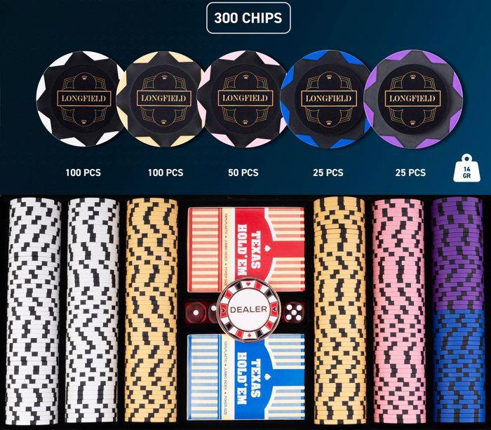 Набор для покера - Черный металлический кейс - 300 фишек по 14 г - Аксессуары в комплекте - Для начинающих и вечеринок