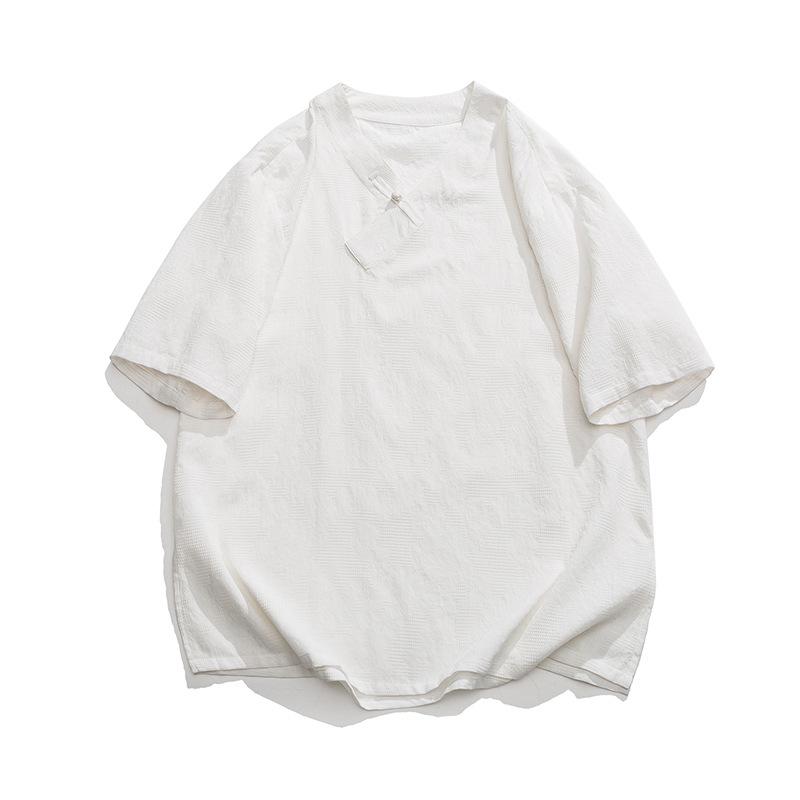 Мужская летняя футболка с коротким рукавом из хлопка и льна на пуговицах-лягушках – Большой размер в китайском стиле ханфу