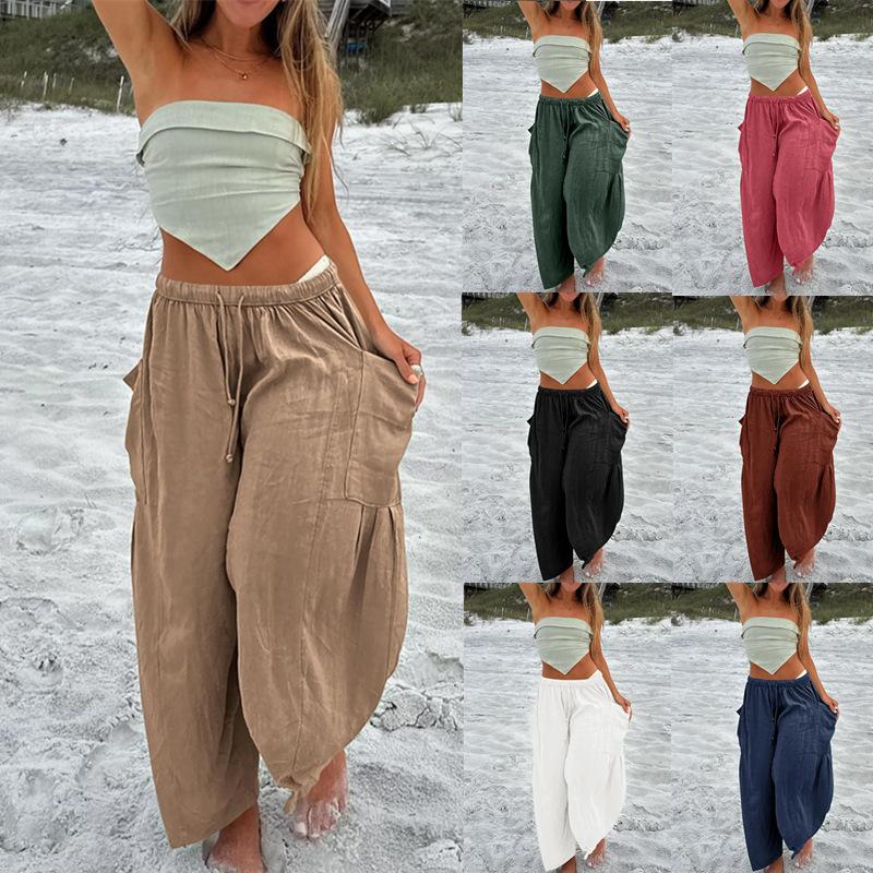 Fashion Lace-up Elastic Waist Pleated Casual Pants Women High Waisted Wide Leg Pants Women Loose Solid Office Lady Trouser 24162