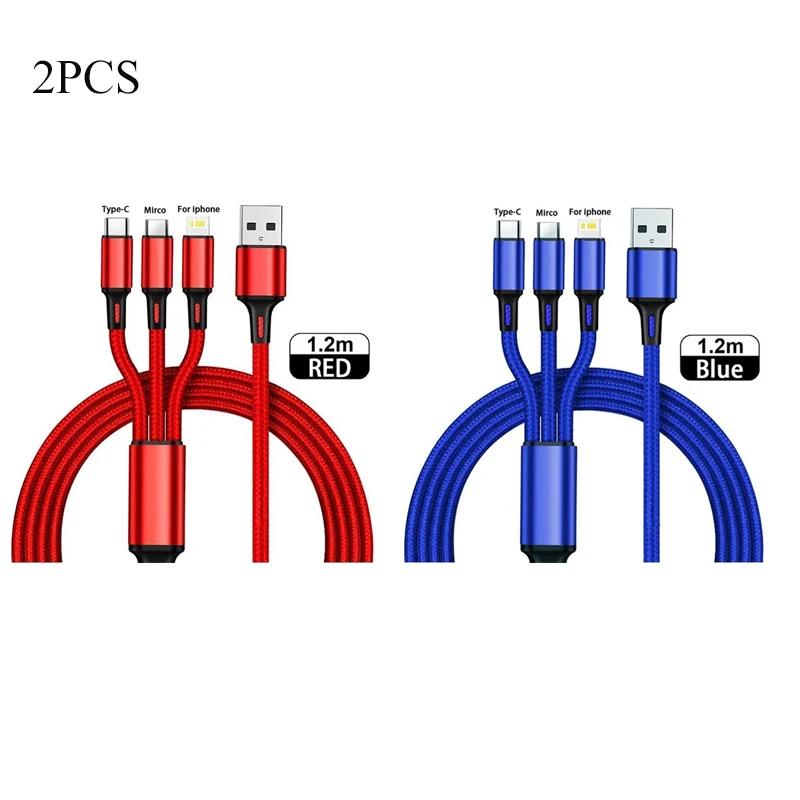1-4Pcs 3 In 1 USB Charger Fast Charging Cable Type C Micro IOS Multi Charger Cable for iPhone Huawei Samsung Nylon Braided Cord