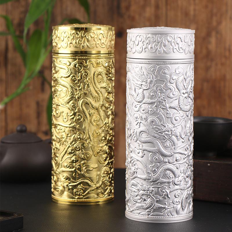 Pure Silver 9999 Thermal Water Cup - Nine Dragon, Hundred Blessings, Dragon & Phoenix Design