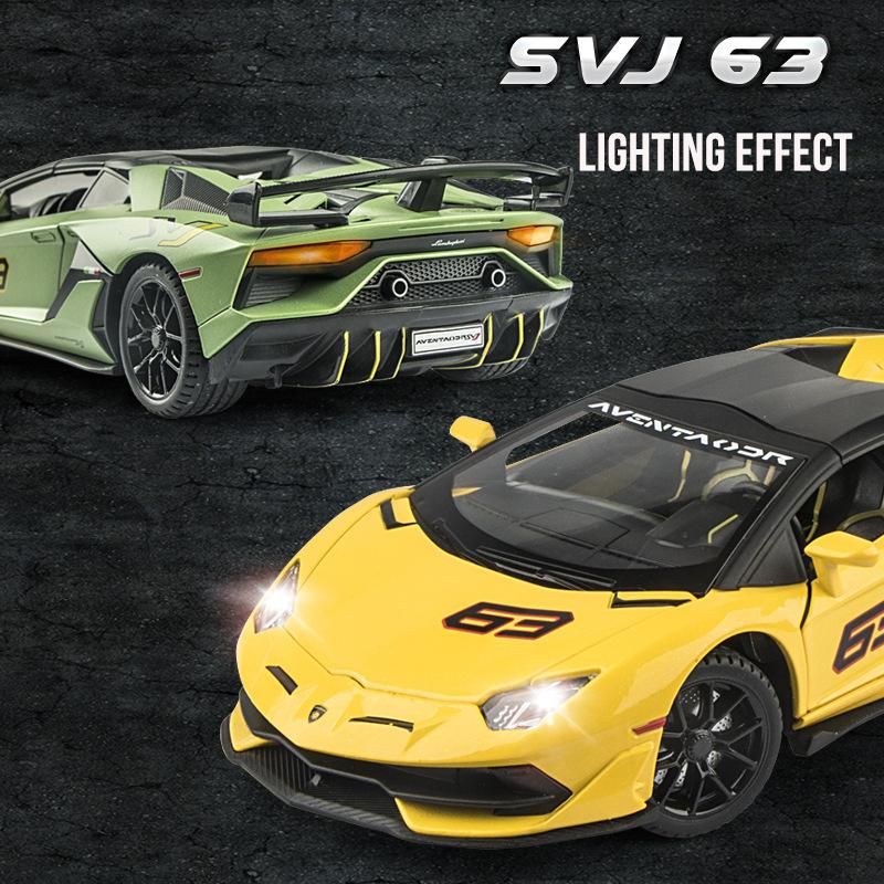 1/24 Scale Lambo Aventador SVJ63 Diecast Car Model Toy, Pull Back Toy Vehicle with Sound and Light for Kids Toddler Boys Girls Gift Collection