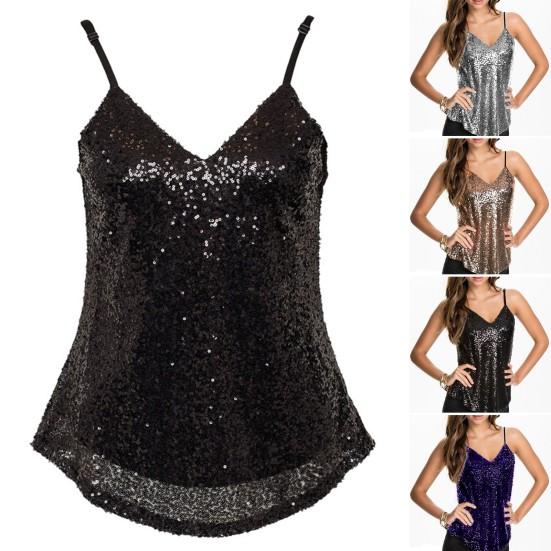 Женский топ с глубоким вырезом и V-образным вырезом, регулируемый ремень-спагетти, блестящий топ с блестками и открытой спиной, без рукавов, сплошной цвет, свободный топ для выступлений, танцевальный клуб, вечерние топ на бретелях