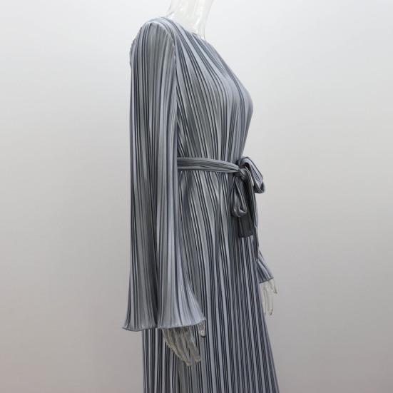 Осенне-весеннее женское платье с рукавами-колокольчиками, круглым вырезом, в полоску, плиссированное, однотонное, облегающее, со шнуровкой на ремне