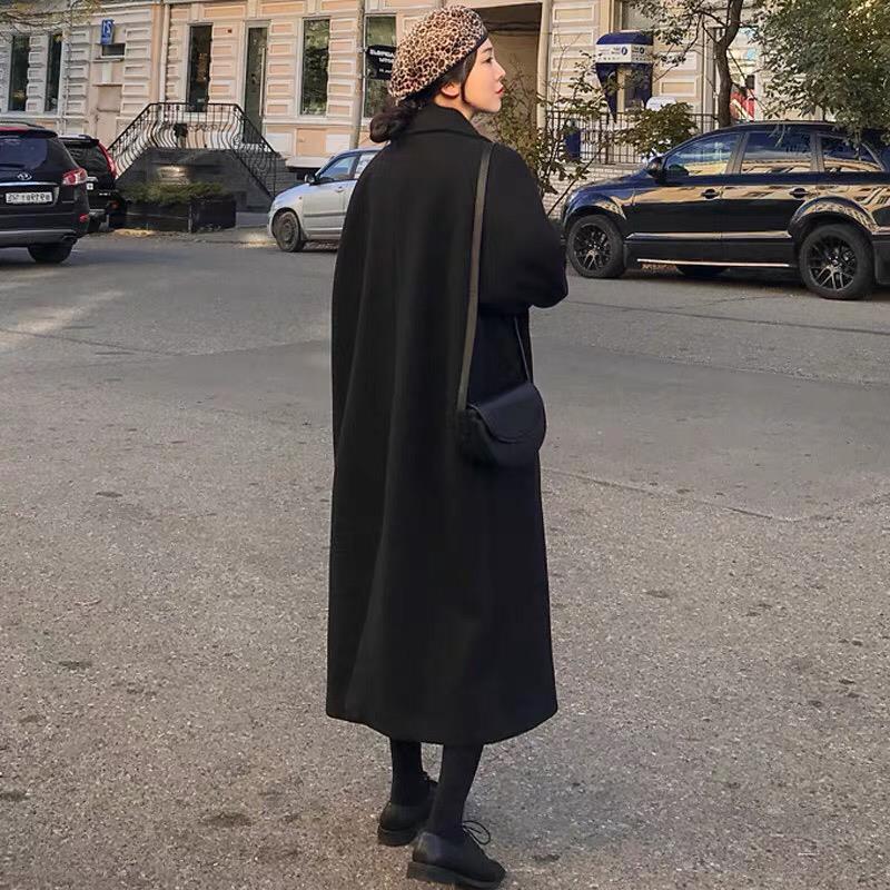 Женское черное шерстяное пальто средней длины выше колена, в стиле Хепберн, корейское, свободного кроя, в стиле мори, готовое к зиме.