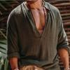 Мужская льняная рубашка в стиле викингов, летняя пляжная одежда, с длинным рукавом, однотонная, с V-образным вырезом, для улицы, тонкая