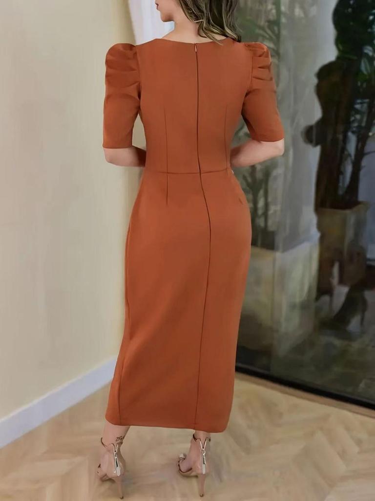 Новое платье с завышенной талией, 3D цветочным декором и короткими рукавами - Европейский и американский стиль, приталенный силуэт, идеально для вечеров и вечеринок