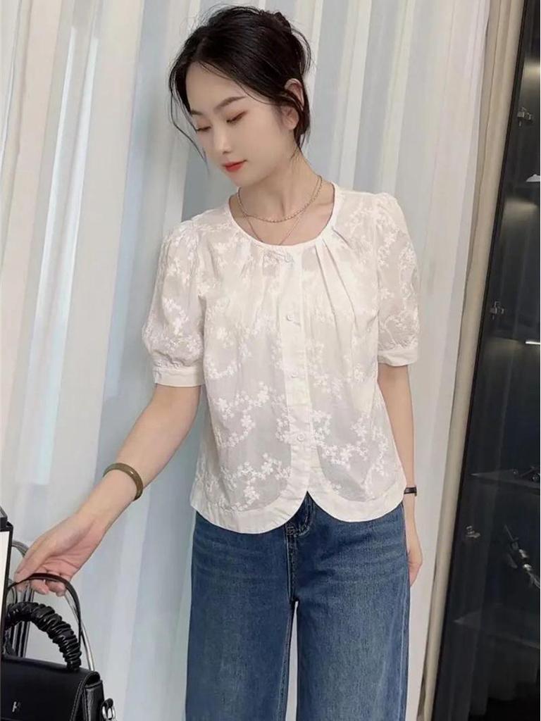 Women's Short-Sleeve French Top: 2024 Korean Style Embroidered Summer Blouse