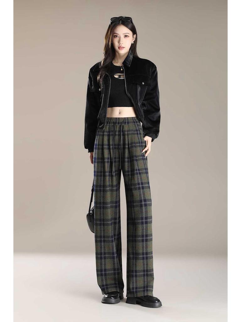 Women's Retro Wool Plaid Velvet-Lined Wide-Leg Pants