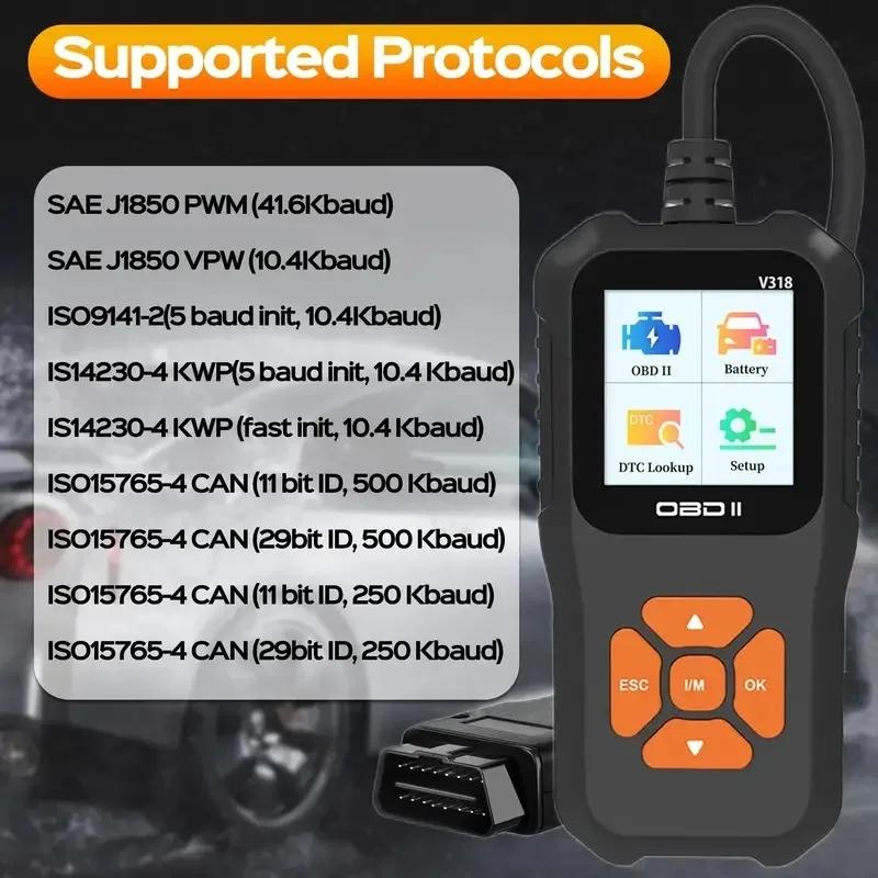 V318 Автомобильный диагностический инструмент – OBD2 сканер с тестом аккумулятора, считыватель кодов неисправностей, поддержка нескольких языков