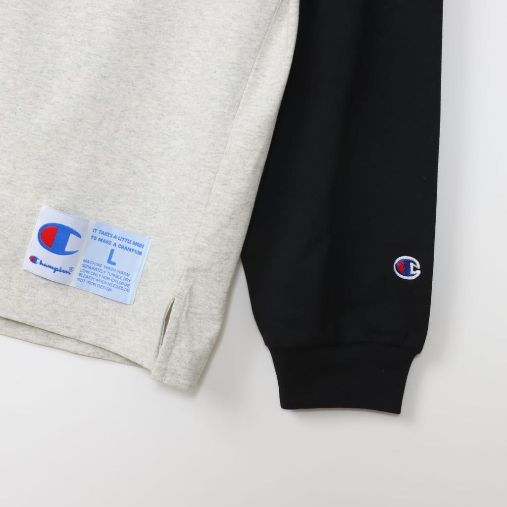 Футболка с длинным рукавом и круглым вырезом из хлопка, США, RelaxFit, вышитый логотип, резиновый принт, длинный рукав, в стиле экшн, овсянка [Champion], 100%