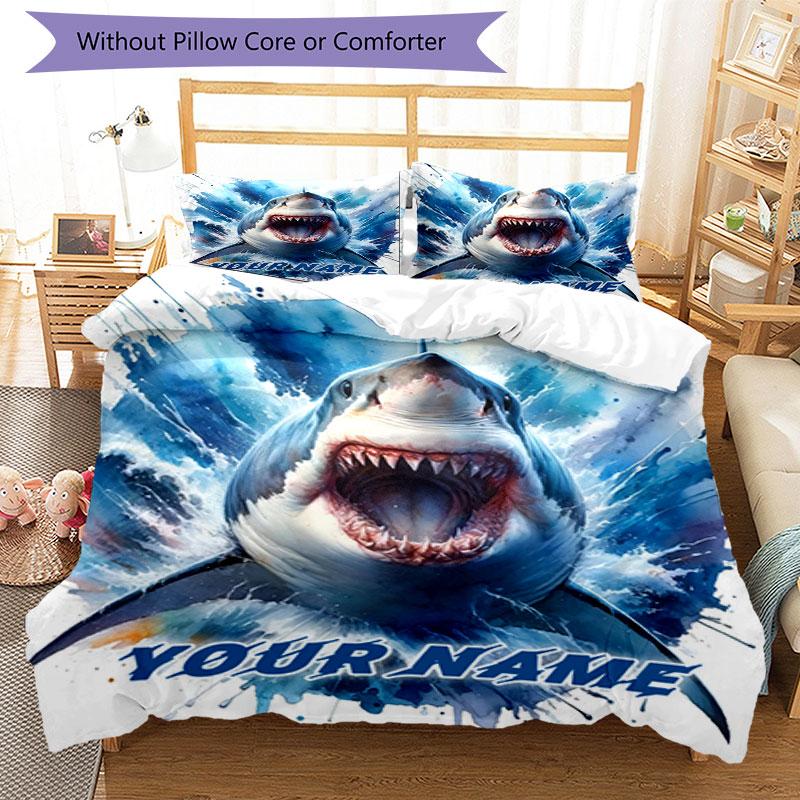 3PC Custom Name Ocean's Fury: Shark Art Bedding Set Printed Bedding Set Duvet Cover Closure Includes 1 Duvet Cover & 2 Pillowcases for All Seasons Bed