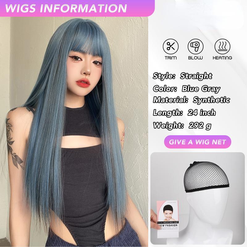 Сине-серые парики с воздушной челкой, 24-дюймовые прямые синтетические парики из синтетического волокна, термостойкие натуральные для вечеринок или селфи для женщин, повседневное использование, корейская мода