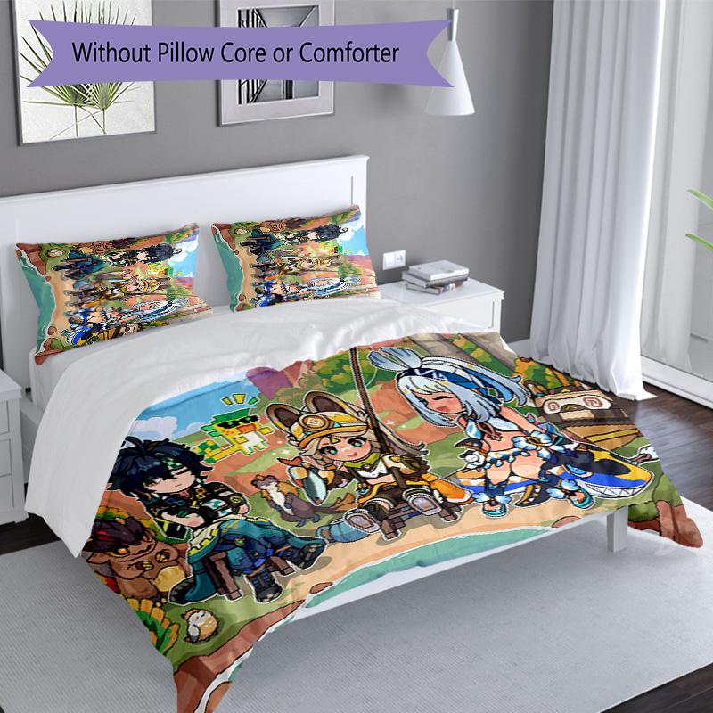 3pcs Genshin Impact characters9 pattern bedding set duvet cover set includes duvet cover &pillowcases, perfect all season bedroom decoration & gift
