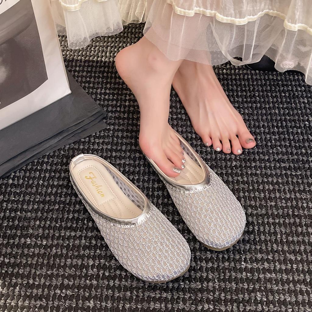 Baotou Half Slippers Women's Summer Wear New One-pedal Pregnant Women's Single Shoes Woven Hollow Sandals