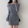 Korean chic autumn small man sexy off-the-shoulder suspender lapel slim ribbed knitted dress hip-wrapped short skirt