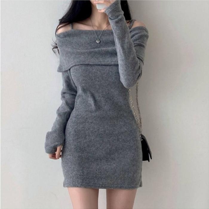Korean chic autumn small man sexy off-the-shoulder suspender lapel slim ribbed knitted dress hip-wrapped short skirt