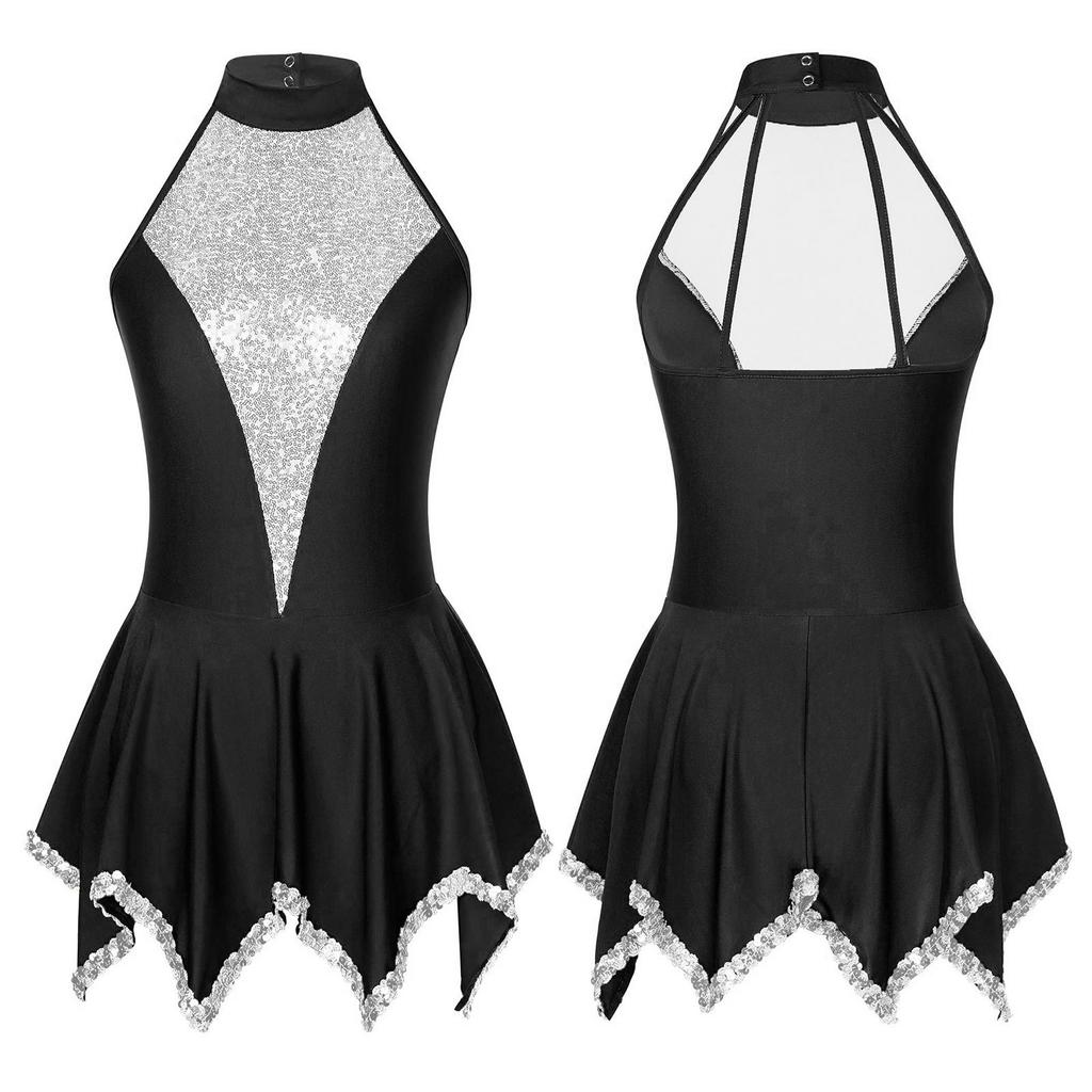 Women Girls Sleeveless Halter Figure Ice Skating Dress Sequins Gymnastic Dance Leotard Competition Costume
