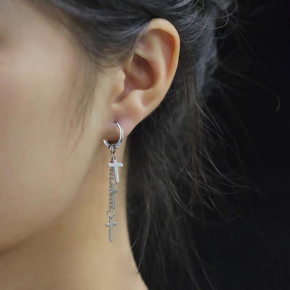 For Men Titanium Steel Tassel Punk Cross Korean Hoop Earrings Women Earrings Drop Dangle Earrings