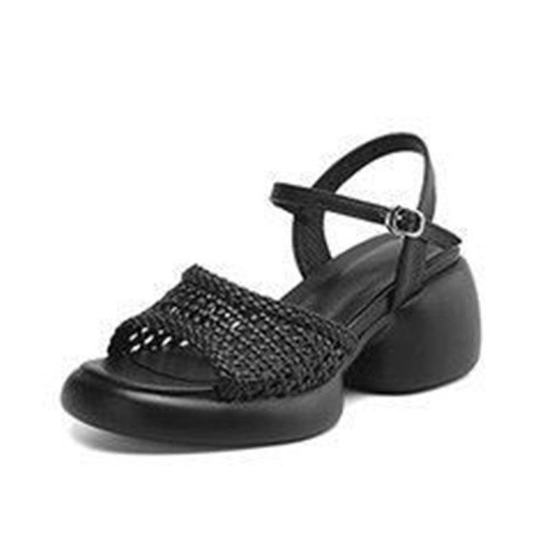 Fashion Thick-heeled Woven Bag Head Sandals Women's Summer 2025 New Versatile Height-increasing Casual Hollow Pig Cage Shoes