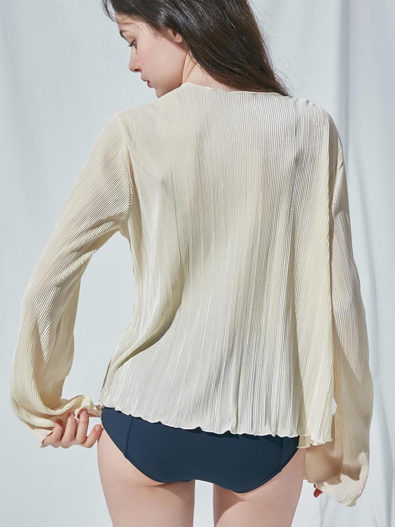 2024 Женские плиссированные простые рубашки весна-осень шикарные длинные расклешенные рукава V-образный вырез завязывающиеся кардиганы топы для повседневной вечеринки улицы