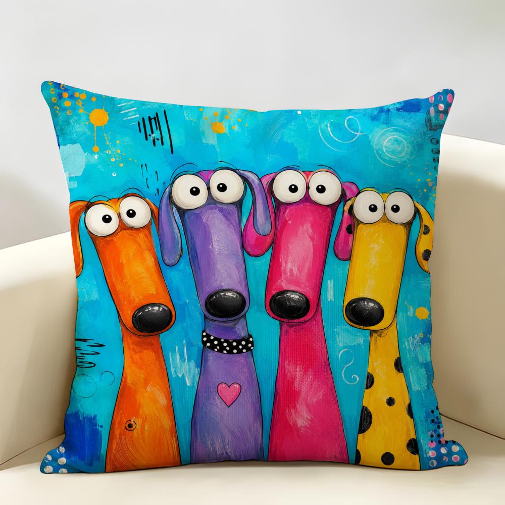 Funny Colorful Whimsical Dog Cushion Cover Natural Linen Organic Fabric Double-Sided Printing Breathable Perfect For Home Decor