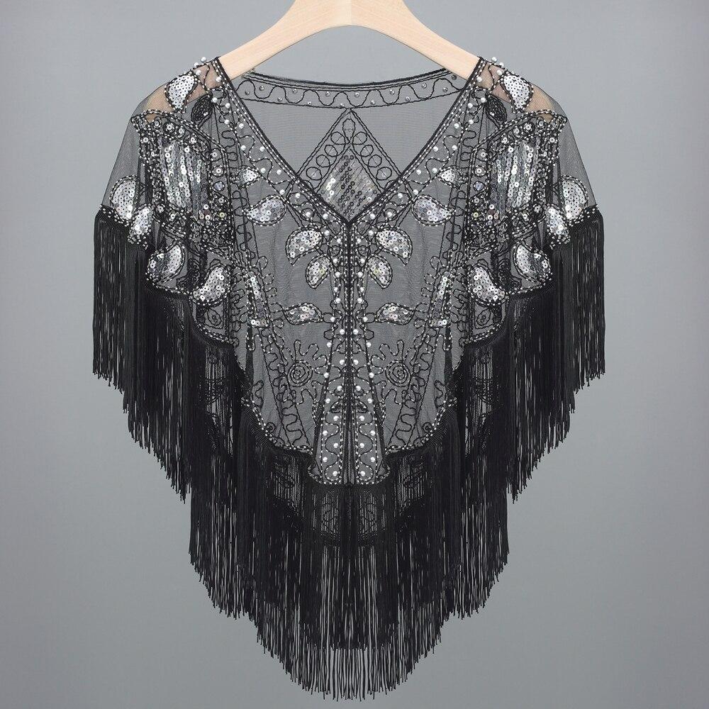 Women 1920s Sequined Shawl with Tassels Beaded Pearl Fringe Sheer Mesh Wraps Gatsby Flapper Bolero Cape Cover Up