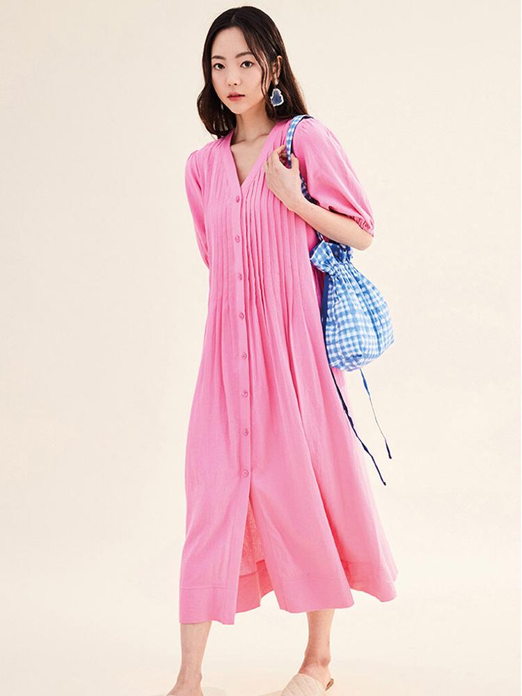 Opening Sunshine Linen Pleated Dress Pink