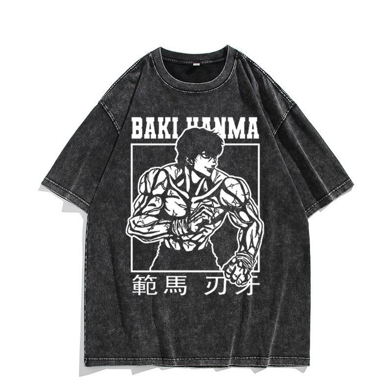 Unisex Anime Baki Haman Tshirts Harajuku Vintage Cotton Washed Tops For Men Hip Hop Streetwear Oversize T-shirt