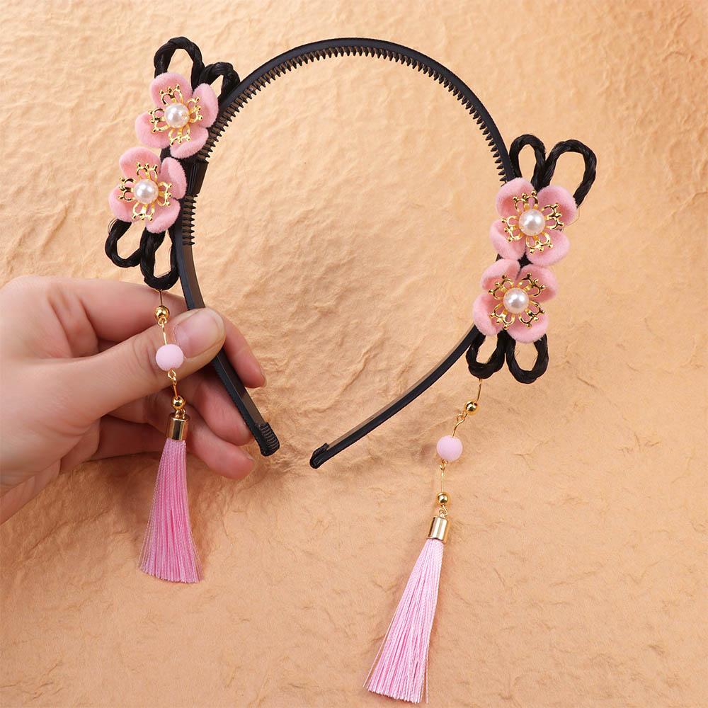 Pearl Flower Tassel Headband Red New Year Headwear Tang Suit Hanfu Wig Headband Children