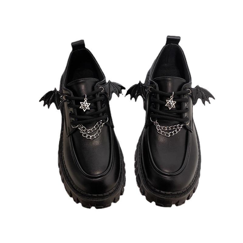 Autumn and Winter New Muffin Bottom Chain Decorative Wings Thin Belt Casual Round Head Small Leather Shoes