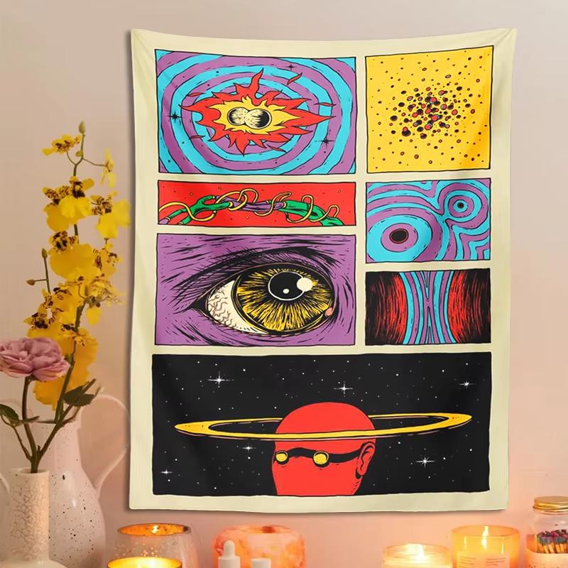 Psychedelic Collage Art Tapestry Retro Pop Universe Eye Wall Hanging for Bedroom Gaming Room Homestay Aesthetic Decor