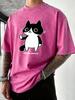 Refuse Anxiety Cartoon Cats Printed Washed T Shirt Men Summer Vacation Tops Trendy ONeck Short Sleeve Soft Cotton Casual Top