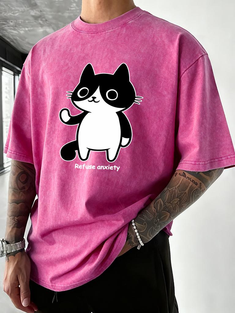 Refuse Anxiety Cartoon Cats Printed Washed T Shirt Men Summer Vacation Tops Trendy ONeck Short Sleeve Soft Cotton Casual Top