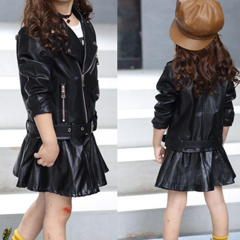 Детская куртка из искусственной кожи весна-осень для девочек, байкерская верхняя одежда, однотонное пальто на молнии с поясом