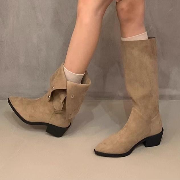 Niche Retro Western Cowboy Boots Women's Shoes 2025 New Spring and Autumn Mid-tube Stacking Boots High-heeled Boots