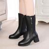 Winter New Cotton Boots Thick Heel High Boots Medium Shoes Velvet Warm Non-slip High Heel Fashion Leather Boots