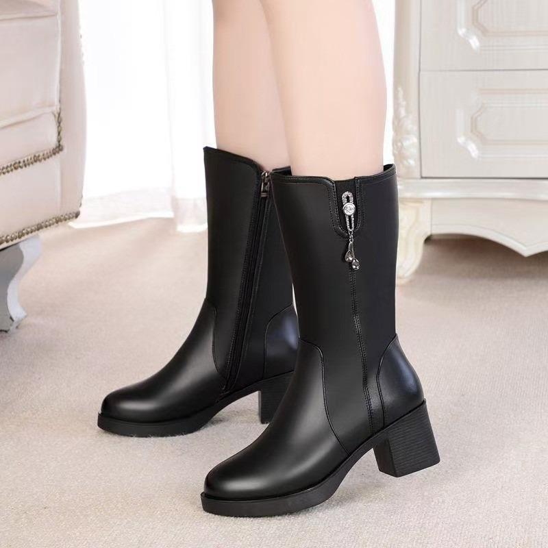 Winter New Cotton Boots Thick Heel High Boots Medium Shoes Velvet Warm Non-slip High Heel Fashion Leather Boots