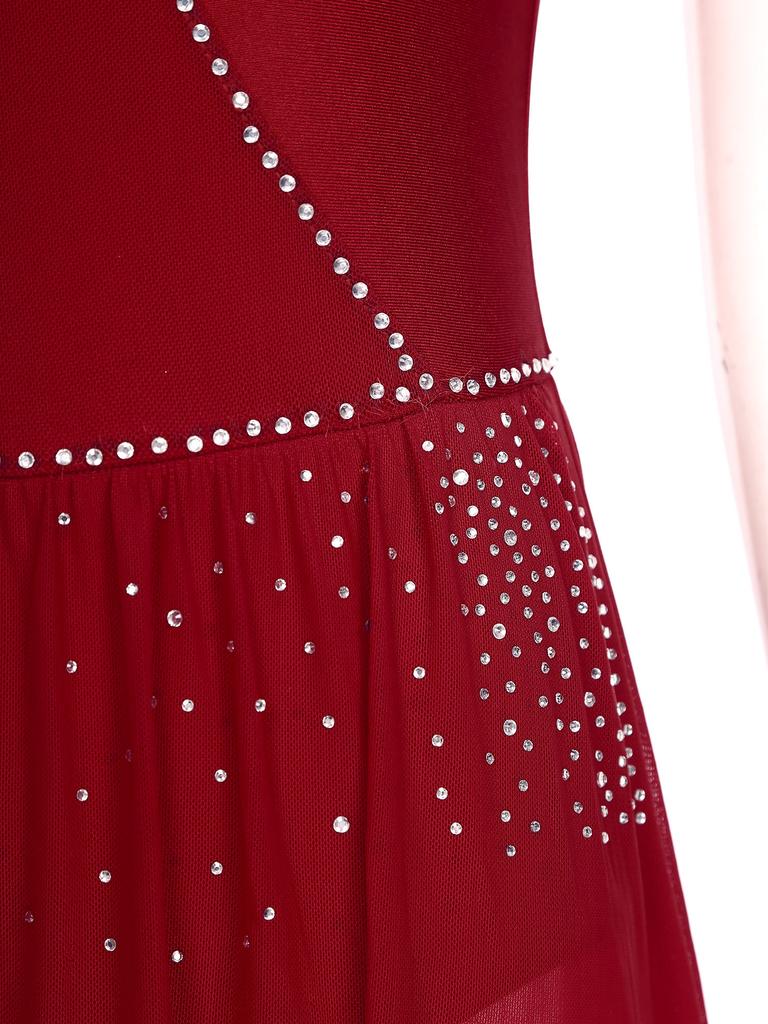 Womens Asymmetrical Lyrical Dancewear Long Sleeve Spaghetti Straps Patchwork Irregular Hem Dresses