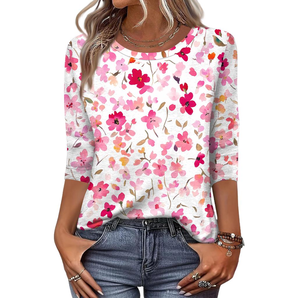 Women's Fashion Casual Round Neck 3/4 Sleeve Loose Printed T-Shirt Ladies Top