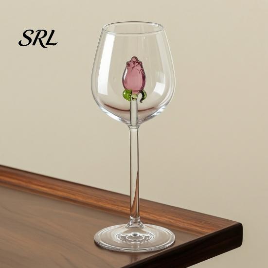 Glassware for Romantic Dates Red Wine Glass with Roses And Green Leaves Decorated, Clear Rose Decorated Goblet Decorative Glass, Elegant Crystal