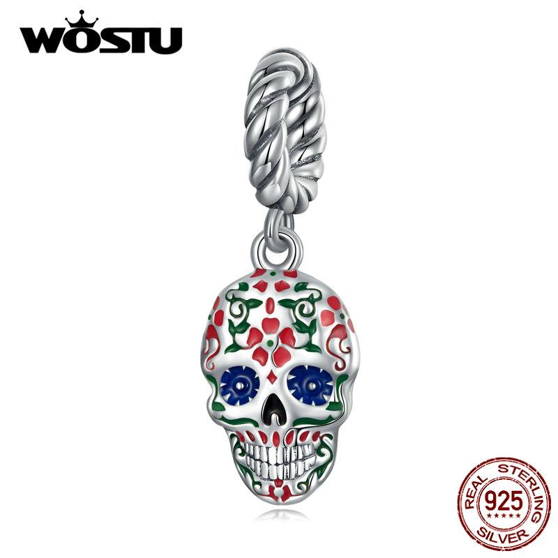 WOSTU Authentic 925 Sterling Silver Colorful Enamel Skull Charms Pendant for Women Fine Jewelry