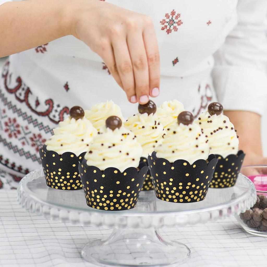 Zhehao 60 Pcs Gold Polka Dots Cupcake Wrappers Adjustable Graduation Cupcake Liners Paper Baking Cups Disposable Muffin Liners Holders for Birthday